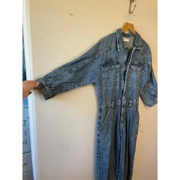Free People We The Free Western Denim Zip Up Long Sleeve Straight Leg Jumpsuit M - Picture 4 of 15